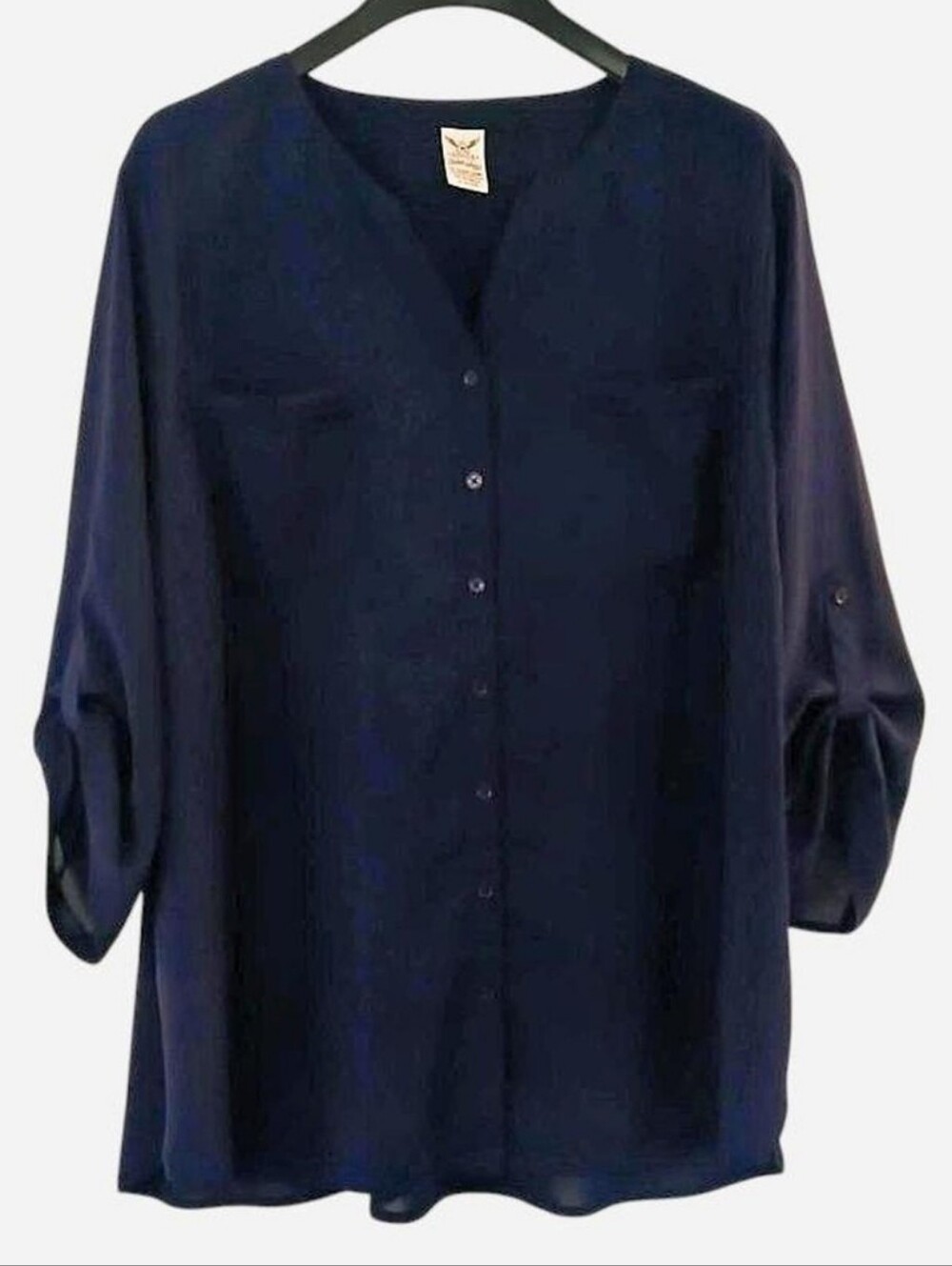 Faded Glory Size 3X (22-24) Button Down Blouse Navy Blue 3/4 Sleeves